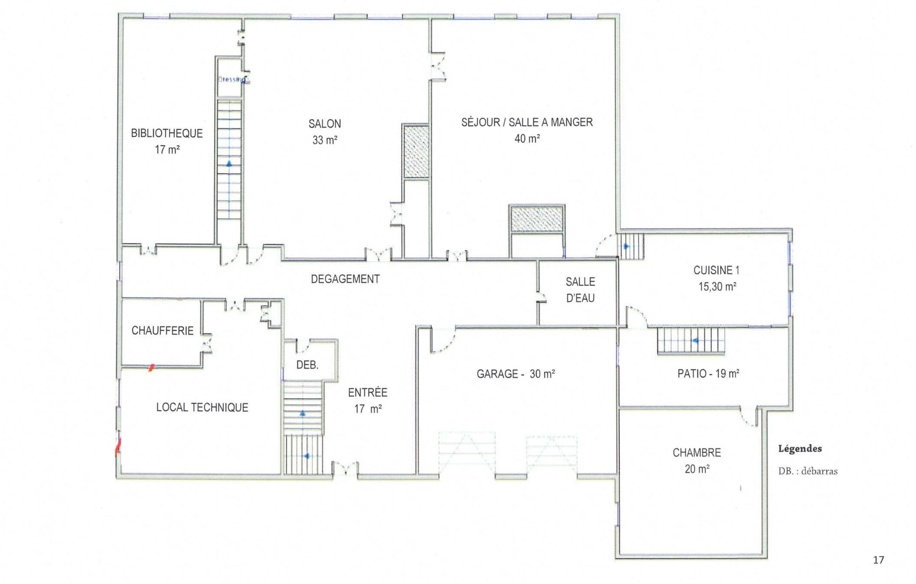Plan du rez-de-chaussée — bibliothèque, salon, séjour, salle à manger, cuisine, patio, chambre, garage