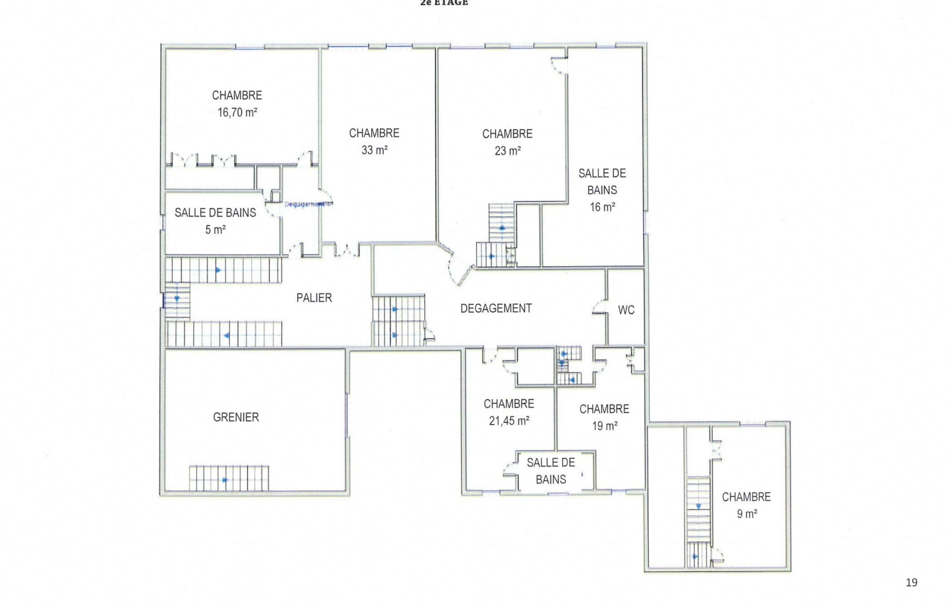Plan du 2ᵉ étage — six chambres et trois salles de bains